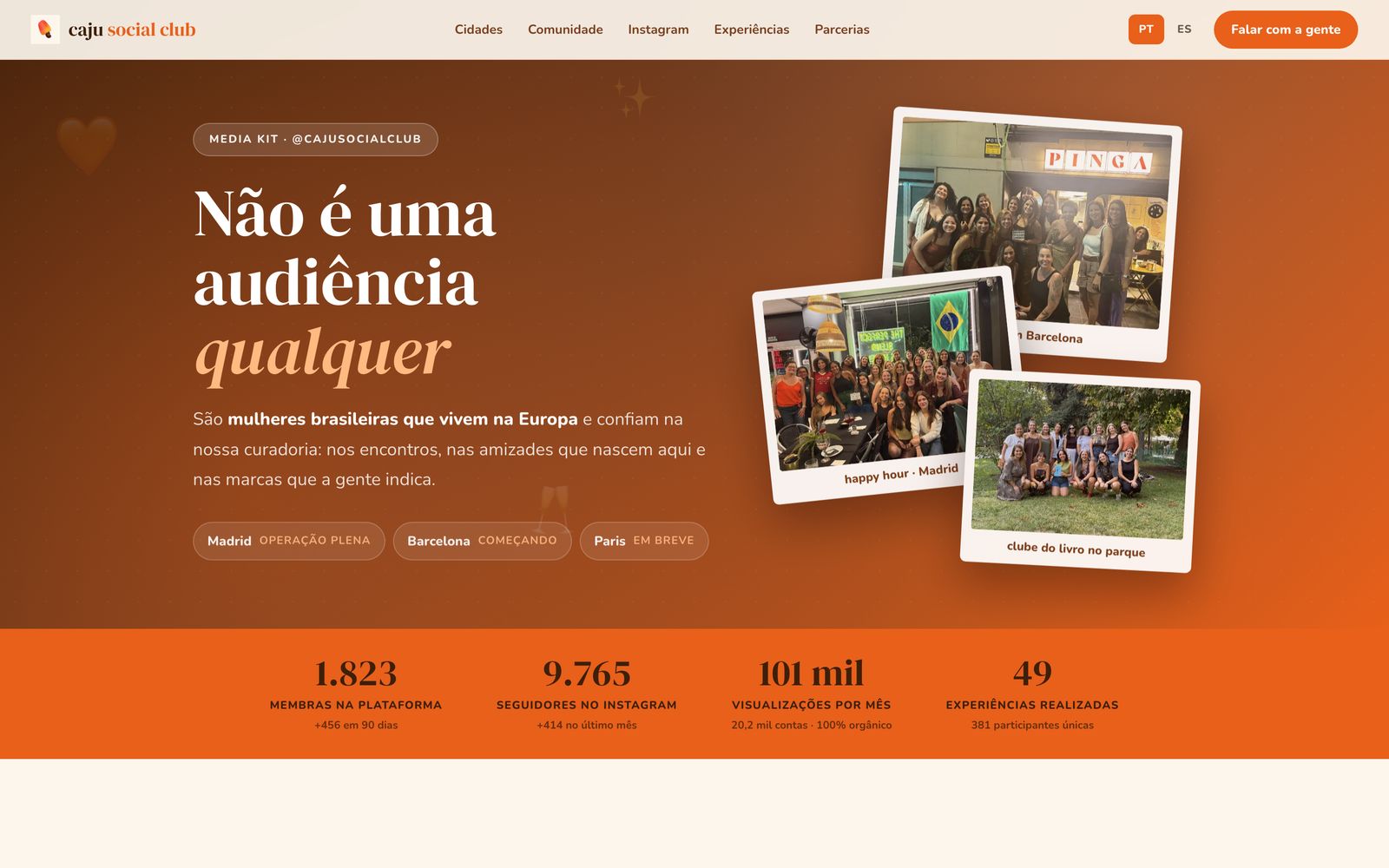 Media kit da Caju Social Club, com fotos de encontros e os números da comunidade
