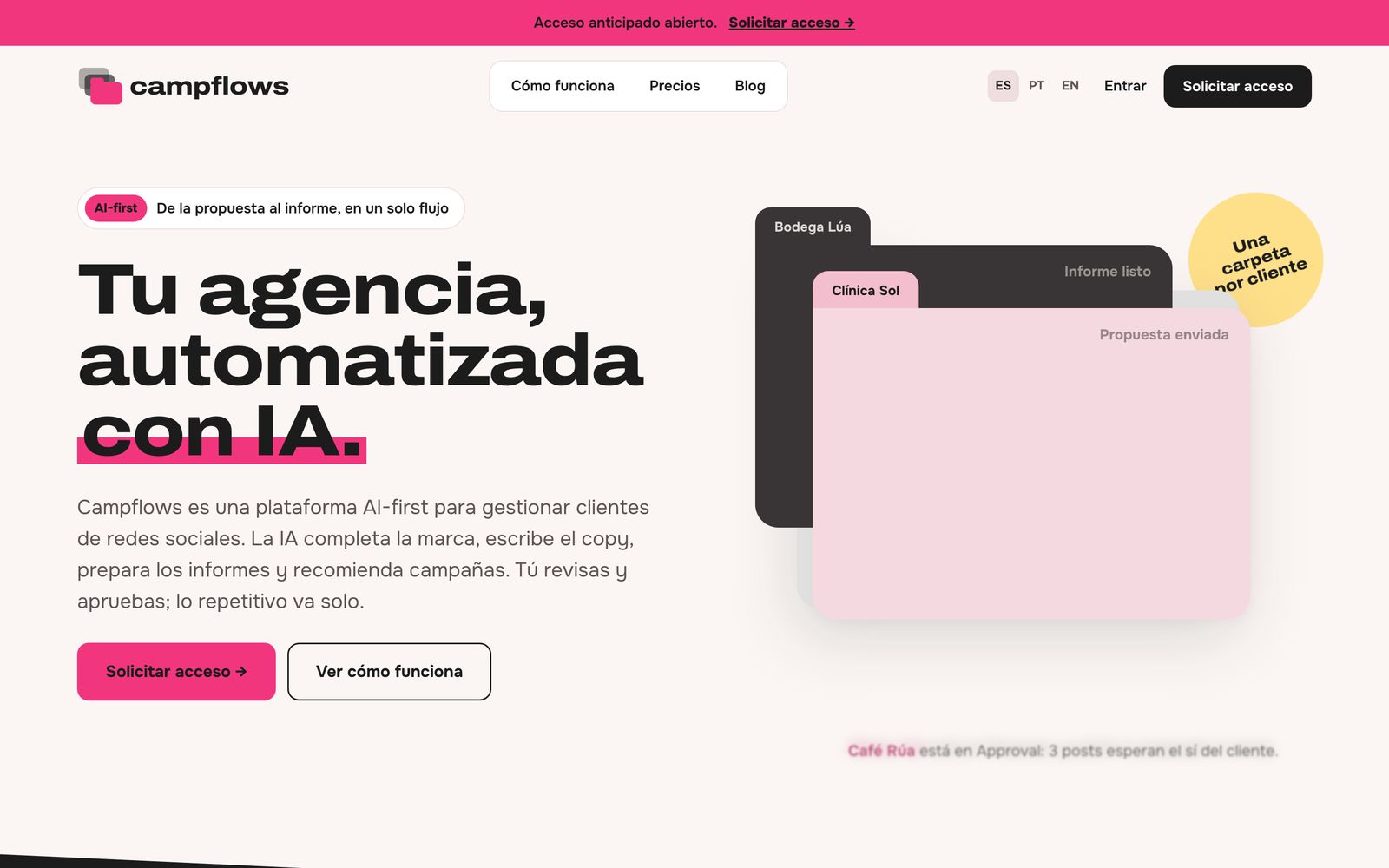 Página inicial do Campflows, com o título “Tu agencia, automatizada con IA”
